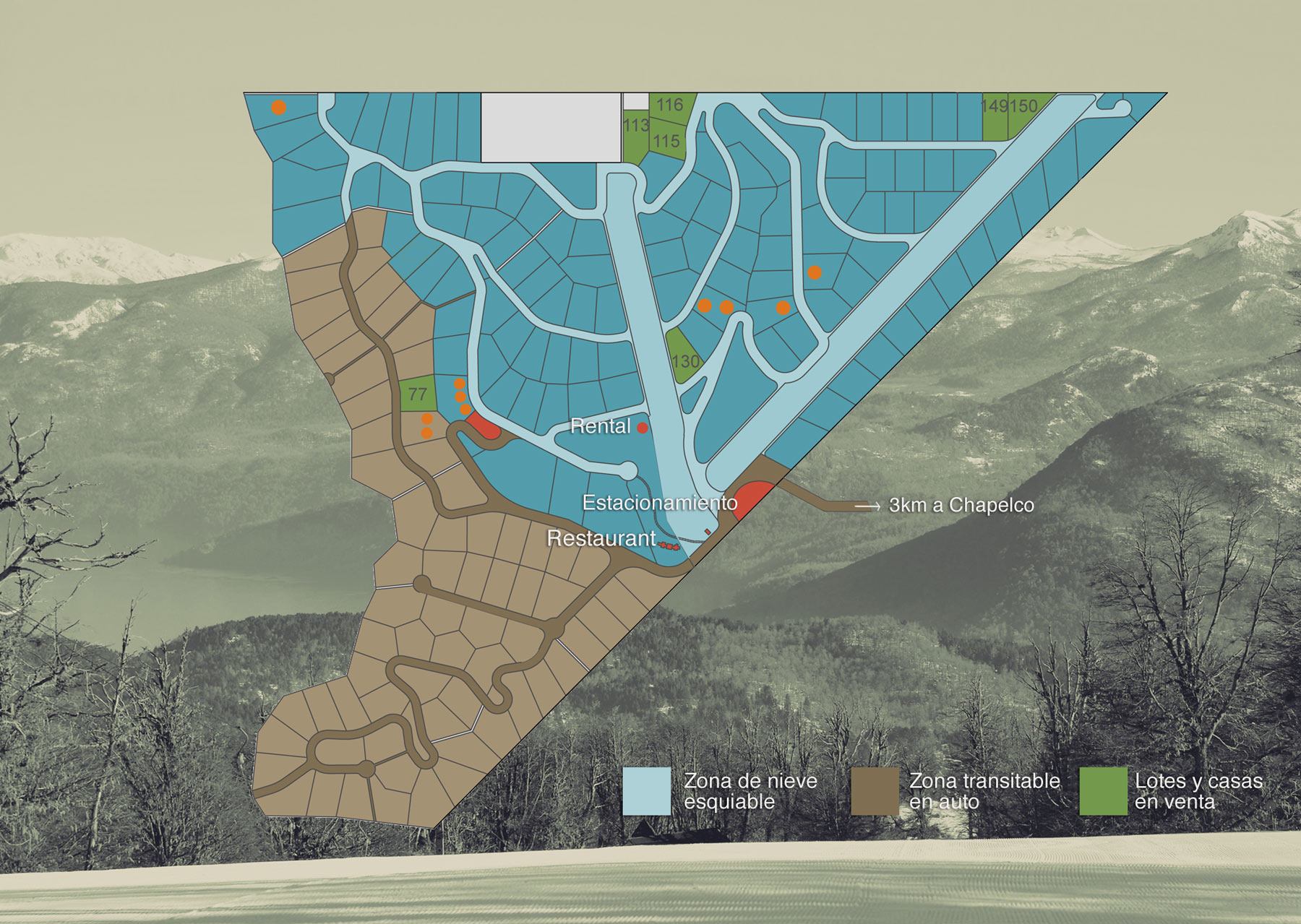Mapa de Las Pendientes con ubicación de cabañas